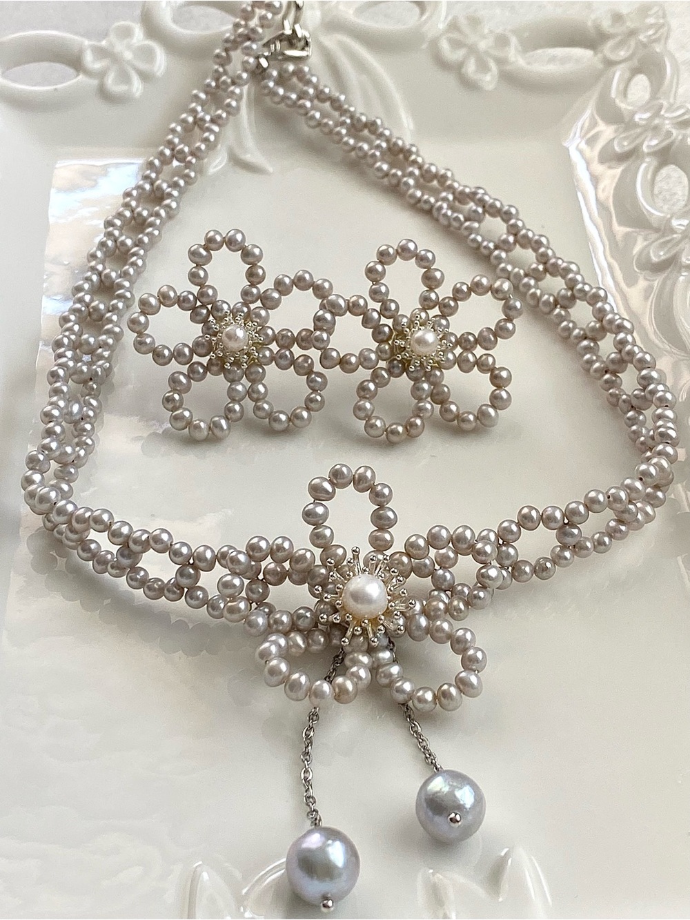 S74-Handmade Silver Freshwater Pearl Braided Flower Necklace And Earring Set